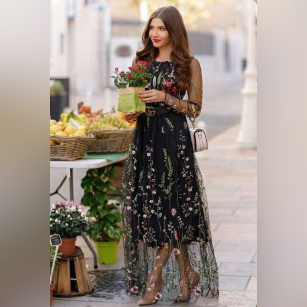 Floral Embroidered Black Dress